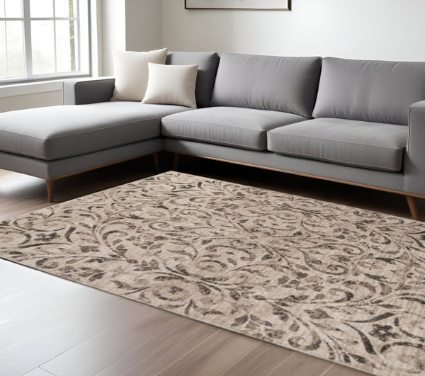 HomeRoots 8' Beige and Black Floral Vines Area Rug - Elegant, Durable Design for Living Spaces and Comfort 8' X 10' 486955