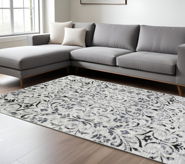 HomeRoots 8' Elegant Black and Gray Floral Vines Area Rug - Soft, Durable, Stain-Resistant for Modern Homes 8' X 10' 486956