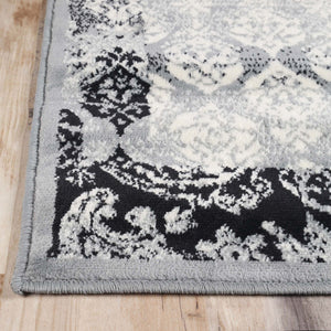 Homeroots 5' X 8' Black And Gray Damask Power Loom Distressed Stain Resistant Area Rug  Polypropylene 486969