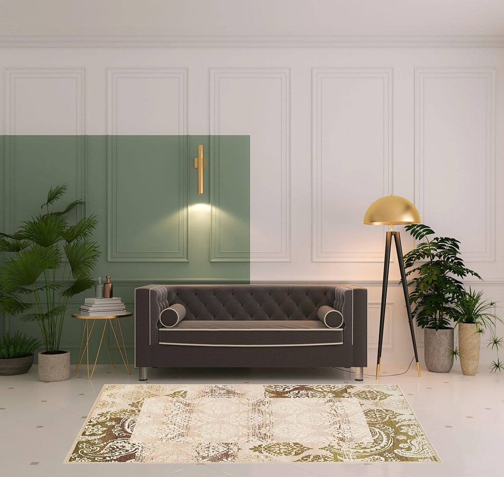 Homeroots 5' X 8' Beige Damask Power Loom Distressed Stain Resistant Area Rug  Polypropylene 486970