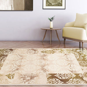 Homeroots 5' X 8' Beige Damask Power Loom Distressed Stain Resistant Area Rug  Polypropylene 486970