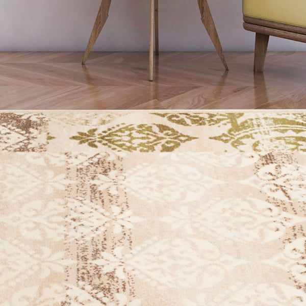 Homeroots 5' X 8' Beige Damask Power Loom Distressed Stain Resistant Area Rug  Polypropylene 486970