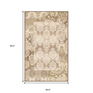 Homeroots 5' X 8' Brown Damask Power Loom Distressed Stain Resistant Area Rug  Polypropylene 486971