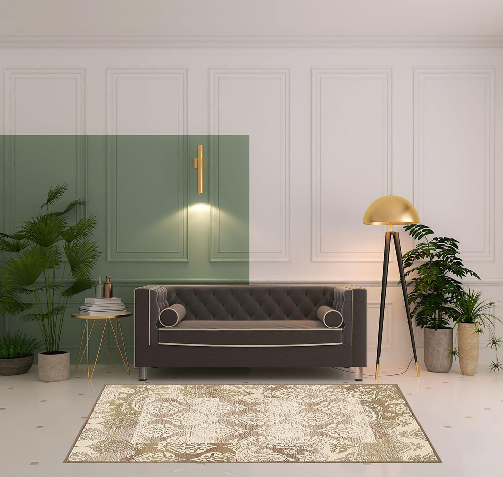 Homeroots 5' X 8' Brown Damask Power Loom Distressed Stain Resistant Area Rug  Polypropylene 486971