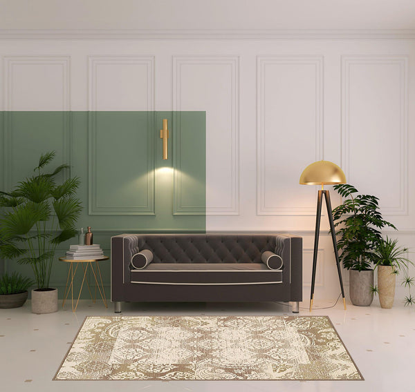 Homeroots 5' X 8' Brown Damask Power Loom Distressed Stain Resistant Area Rug  Polypropylene 486971