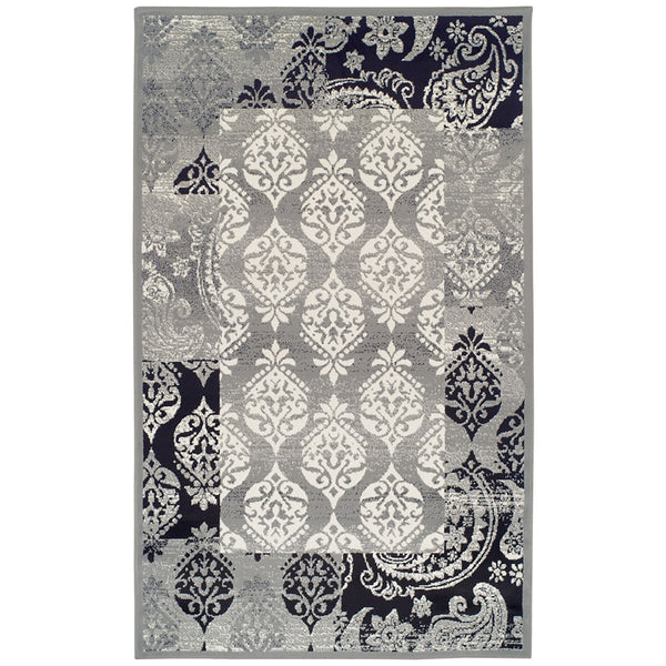 Homeroots 8' X 10' Black And Gray Damask Power Loom Distressed Stain Resistant Area Rug  Polypropylene 486972