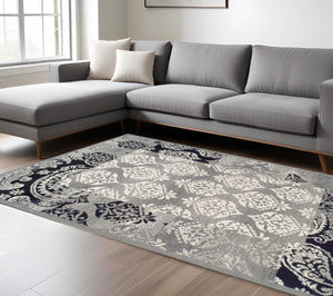 HomeRoots 8' Black and Gray Damask Distressed Area Rug - Timeless Elegance for High-Traffic Spaces and Homes 8' X 10' 486972