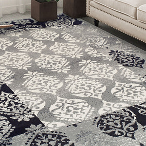 Homeroots 8' X 10' Black And Gray Damask Power Loom Distressed Stain Resistant Area Rug  Polypropylene 486972