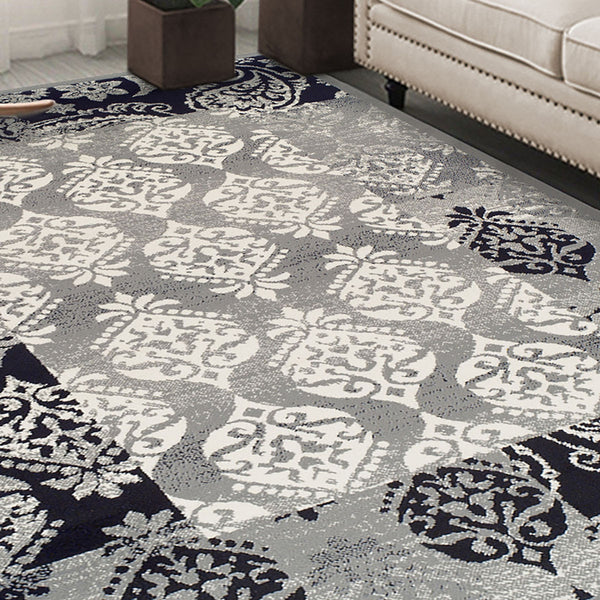Homeroots 8' X 10' Black And Gray Damask Power Loom Distressed Stain Resistant Area Rug  Polypropylene 486972