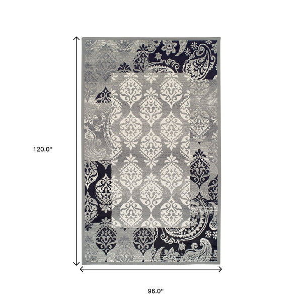 Homeroots 8' X 10' Black And Gray Damask Power Loom Distressed Stain Resistant Area Rug  Polypropylene 486972