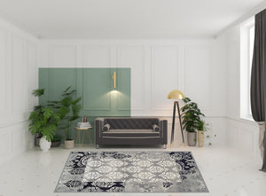 Homeroots 8' X 10' Black And Gray Damask Power Loom Distressed Stain Resistant Area Rug  Polypropylene 486972