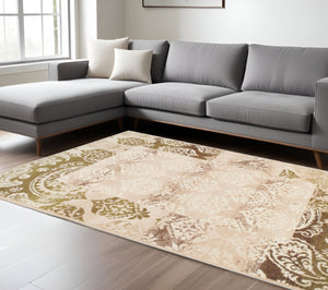 HomeRoots 8' Elegant Beige and Brown Damask Distressed Area Rug - Timeless Design for High-Traffic Spaces 8' X 10' 486973