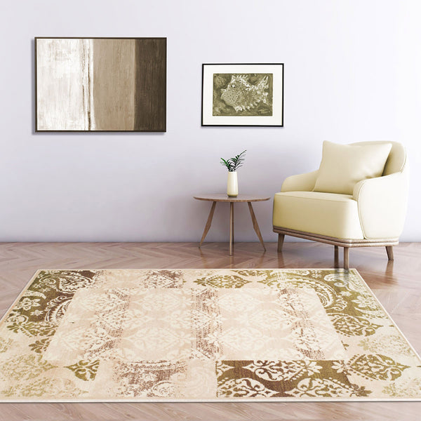 Homeroots 8' X 10' Beige Damask Power Loom Distressed Stain Resistant Area Rug  Polypropylene 486973