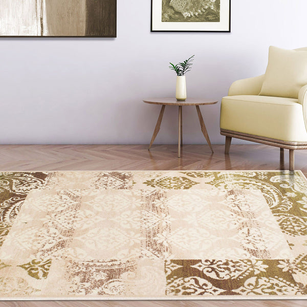 Homeroots 8' X 10' Beige Damask Power Loom Distressed Stain Resistant Area Rug  Polypropylene 486973