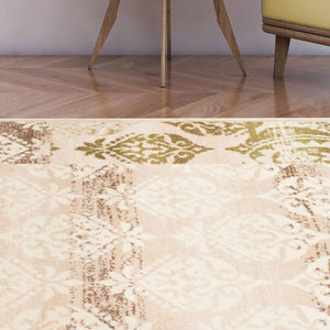 Homeroots 8' X 10' Beige Damask Power Loom Distressed Stain Resistant Area Rug  Polypropylene 486973