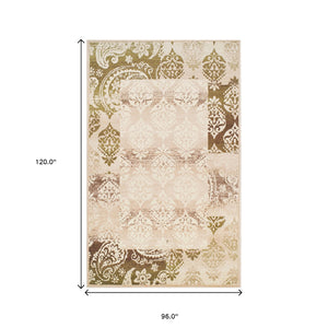 Homeroots 8' X 10' Beige Damask Power Loom Distressed Stain Resistant Area Rug  Polypropylene 486973