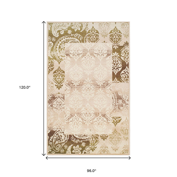 Homeroots 8' X 10' Beige Damask Power Loom Distressed Stain Resistant Area Rug  Polypropylene 486973