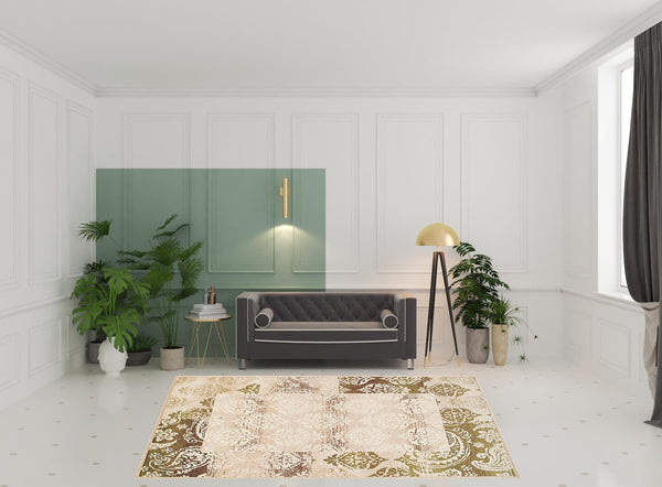 Homeroots 8' X 10' Beige Damask Power Loom Distressed Stain Resistant Area Rug  Polypropylene 486973