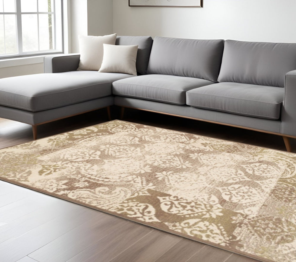 HomeRoots 8' Elegant Beige and Brown Damask Distressed Area Rug for Timeless Décor and Everyday Durability 8' X 10' 486974