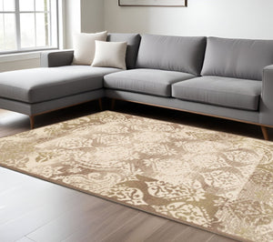 HomeRoots 8' Elegant Beige and Brown Damask Distressed Area Rug for Timeless Décor and Everyday Durability 8' X 10' 486974