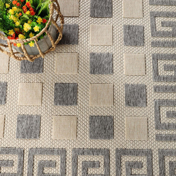 Homeroots 7' X 9' Cream Geometric Stain Resistant Non Skid Indoor Outdoor Area Rug  Polypropylene 486979