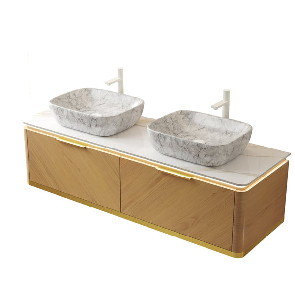 English Elm Dina 60 Inch Floating Bathroom Vanity Sintered Stone Top Dual Glass Basins Wood Grain W2615S00535