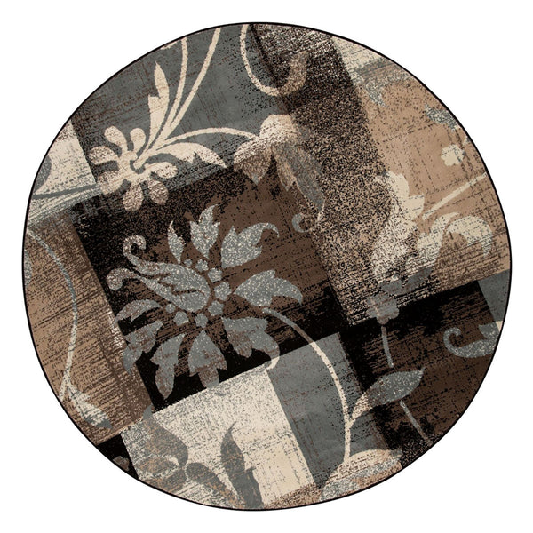 Homeroots 5' Beige And Black Round Floral Power Loom Distressed Area Rug  Polypropylene 486994