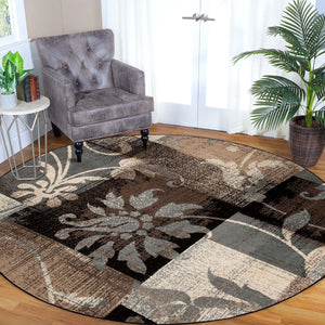 Homeroots 5' Beige And Black Round Floral Power Loom Distressed Area Rug  Polypropylene 486994