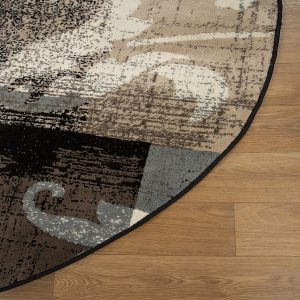 Homeroots 5' Beige And Black Round Floral Power Loom Distressed Area Rug  Polypropylene 486994