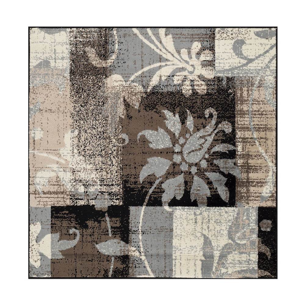 Homeroots 5' Square Beige And Gray Square Floral Power Loom Distressed Stain Resistant Area Rug  Polypropylene 486995