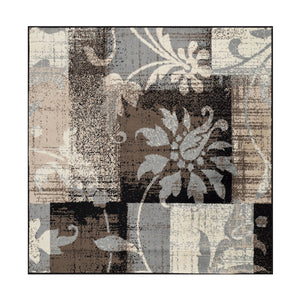 Homeroots 5' Square Beige And Gray Square Floral Power Loom Distressed Stain Resistant Area Rug  Polypropylene 486995