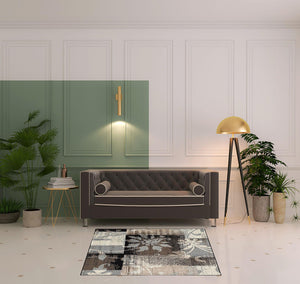 Homeroots 5' Square Beige And Gray Square Floral Power Loom Distressed Stain Resistant Area Rug  Polypropylene 486995