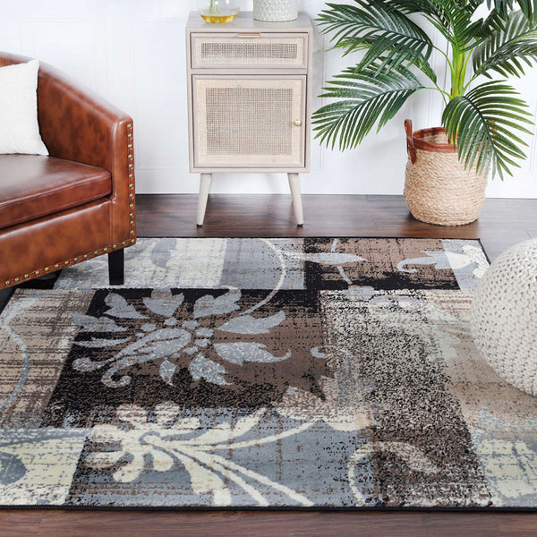Homeroots 5' Square Beige And Gray Square Floral Power Loom Distressed Stain Resistant Area Rug  Polypropylene 486995