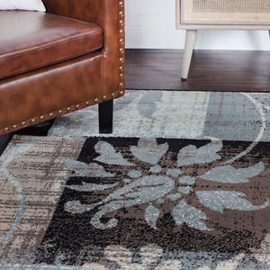 Homeroots 5' Square Beige And Gray Square Floral Power Loom Distressed Stain Resistant Area Rug  Polypropylene 486995