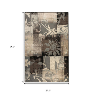 Homeroots 5' X 8' Beige And Gray Floral Power Loom Distressed Stain Resistant Area Rug  Polypropylene 486996