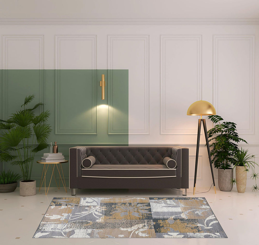 Homeroots 5' X 8' Beige And Gray Floral Power Loom Distressed Stain Resistant Area Rug  Polypropylene 486998