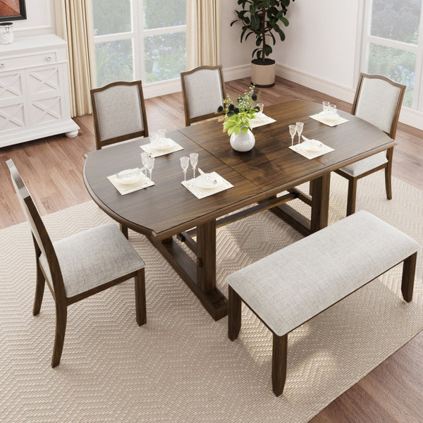 English Elm 6-piece Extendable Wood Dining Set with Linen Upholstered Chairs Bench Seats Eight Beige+Brown N752S000097D