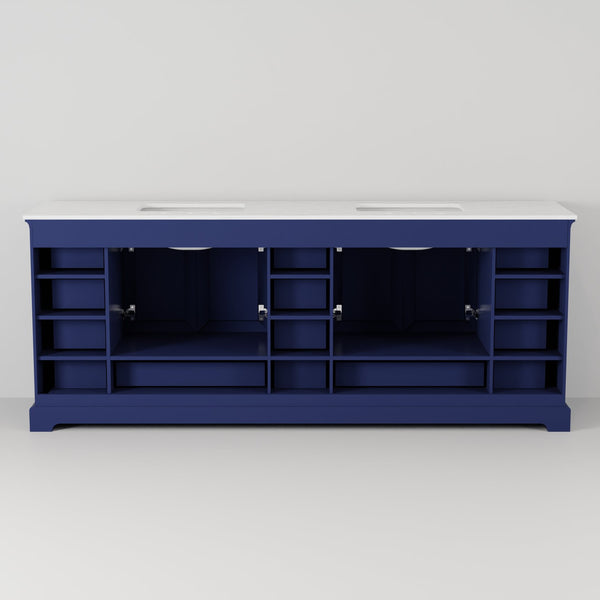 English Elm Navy 84" Double Bath Vanity with White Quartz Top, Soft-Close Drawers, 14-Drawer Storage, Mirrors B2731S00827