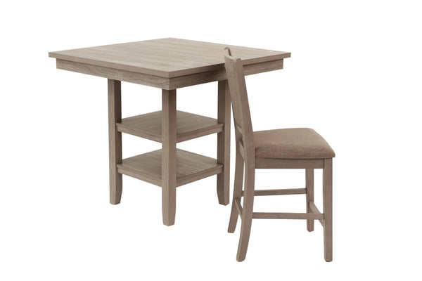 English Elm 5 Rustic Gray 5-Piece Counter Height Dining Set with Upholstered Chairs, Shelf & Footrests for Small Spaces B089P390145