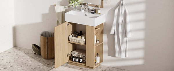 English Elm [video]21.6" Freestanding Bathroom Vanity Ceramic Sink Wavy Door Mdf Cabinet Small Bath Wood N729P285504N