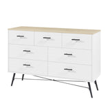 English Elm 7 Drawer Dresser For Bedroom With Deep Drawers, Wood Dressers & Chest Of Drawers, Modern White Long Dressers For Closet Living Room, 47.2"W X 15.7"D X 31.5"H, White & Oak