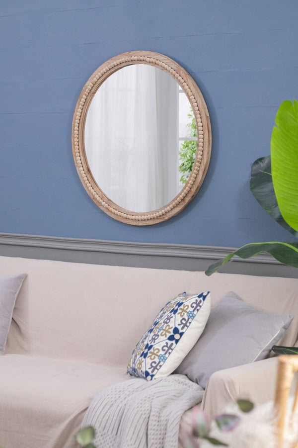 English Elm D30" Lowley Round Beaded Wood Frame Wall Mirror Bohemian Rustic Accent Decor W2078P296026