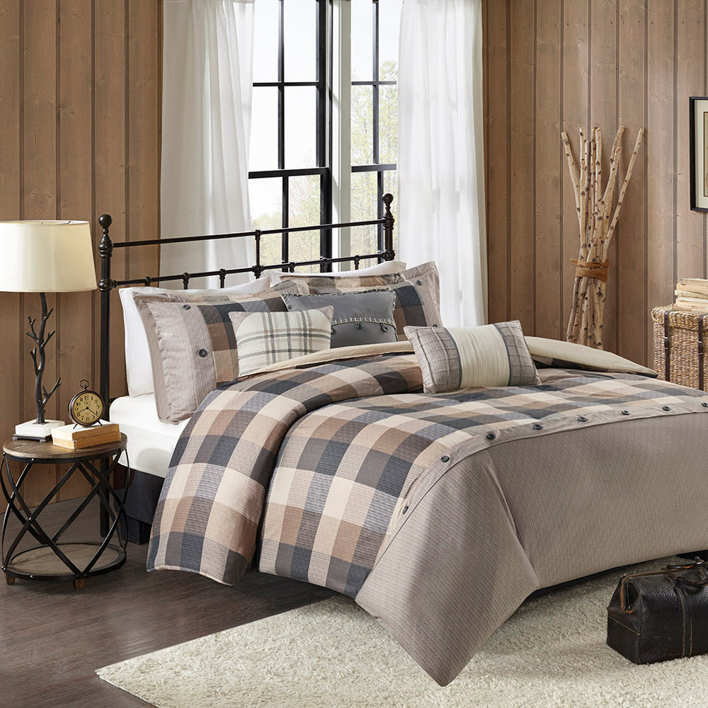JLA Home Madison Park - 6 Cozy Herringbone Duvet Cover Set with Buffalo Plaid, Embroidered Accent Pillows & Button Closure 92 L x 104 W x 0.13H MP12-7216