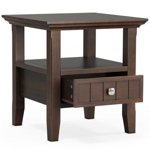 English Elm Acadian Handcrafted Solid Wood End Table In Rich Brunette Brown With Drawer & Open Shelf Storage B136P203471