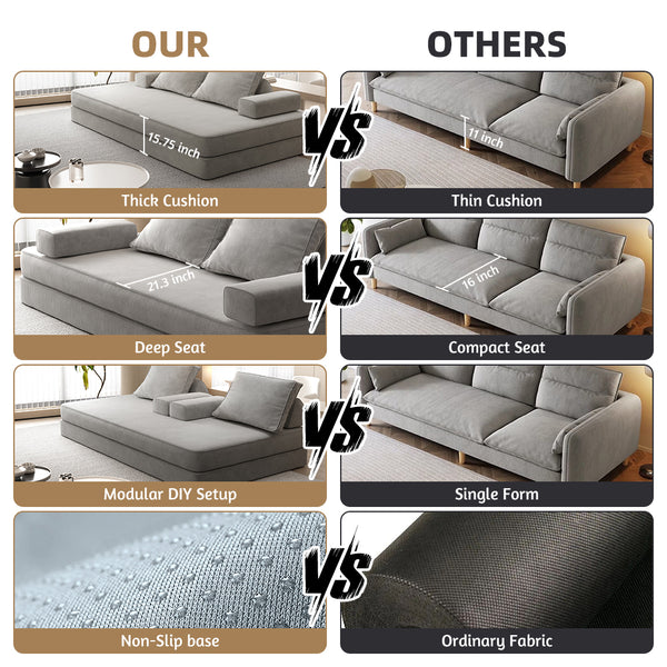 English Elm 86.6"Multifunctional Folding Sofa Bed with Chaise, Fluffy Chenille, Removable Backs & Pillows, Deep Seat Lounge LIGHT GREY W3219P340666