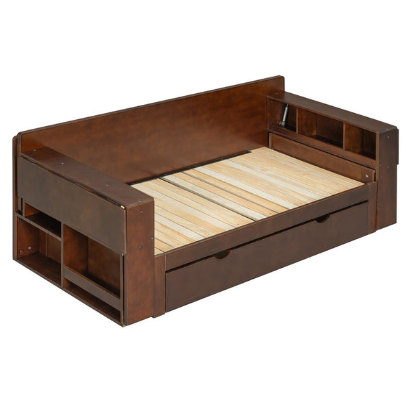English Elm Full Size Daybed with Hydraulic Desk Armrests Storage Drawer and Sofa Seating Espresso LT000271AAP