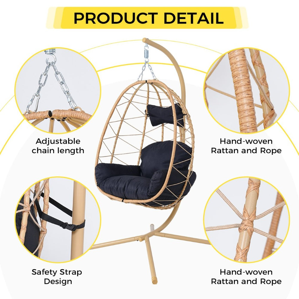 English Elm Hanging Egg Swing Chair Pe Wicker with Stand Washable Cushion Patio or Bedroom T5880P497563