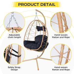 English Elm Hanging Egg Swing Chair Pe Wicker with Stand Washable Cushion Patio or Bedroom T5880P497563