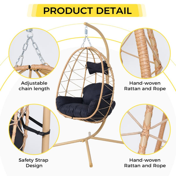 English Elm Hanging Egg Swing Chair Pe Wicker with Stand Washable Cushion Patio or Bedroom T5880P497563