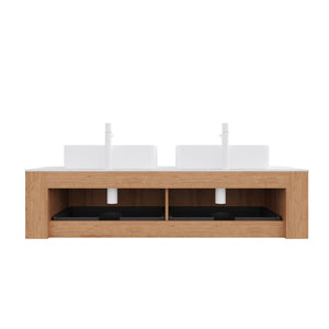 English Elm Dina 60 Inch Floating Bathroom Vanity Sintered Stone Top Dual Glass Basins Wood Grain Carrara White,Natural Wood,White W2615S00163